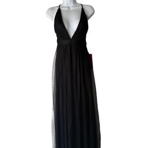 Luxxel Dress Small Black Plunge Maxi Gown Criss Cross Back NWT Fairy Grunge